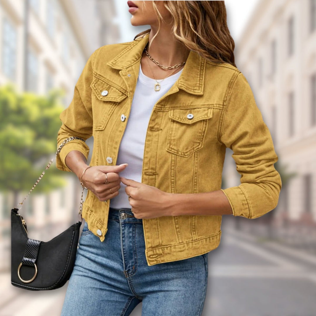 Women's Coat-Style Button-Up Cropped Denim Jacket
