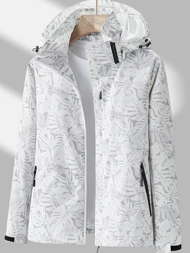 Women's Coat Waterproof Windproof Leaf-Print Hooded Jacket