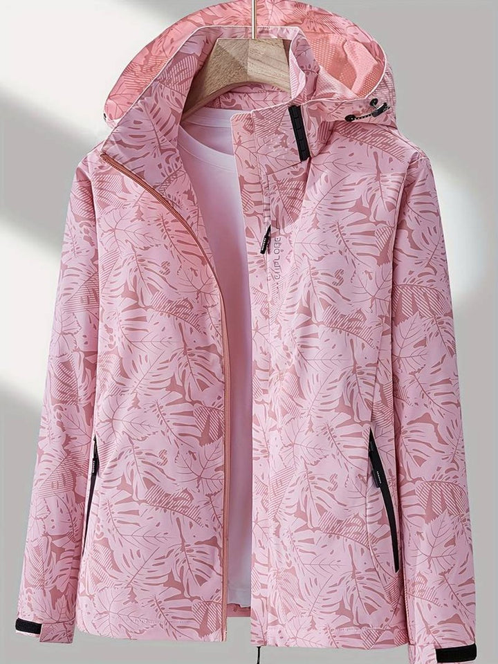 Women's Coat Waterproof Windproof Leaf-Print Hooded Jacket