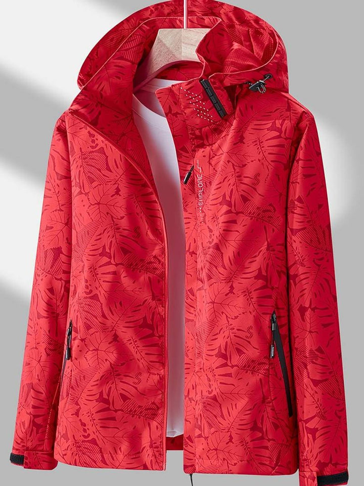 Women's Coat Waterproof Windproof Leaf-Print Hooded Jacket