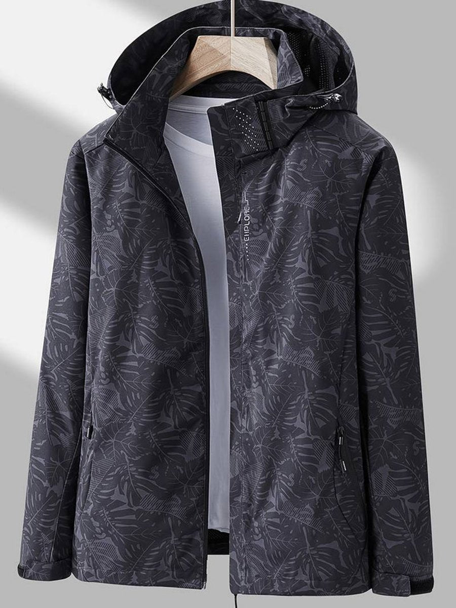 Women's Coat Waterproof Windproof Leaf-Print Hooded Jacket