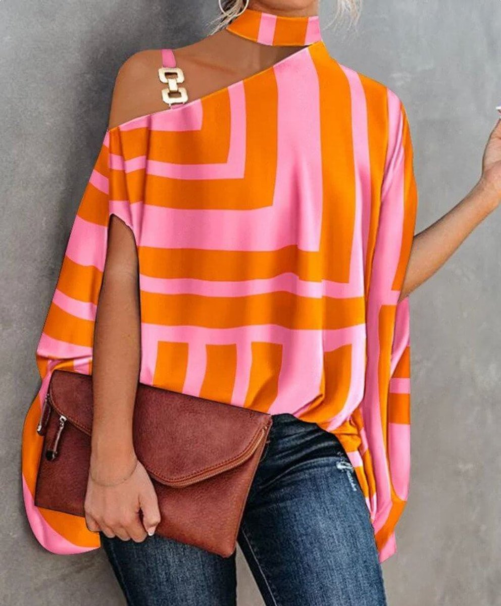 Women's Cold-Shoulder Roll-Neck Geometric Print Blouse