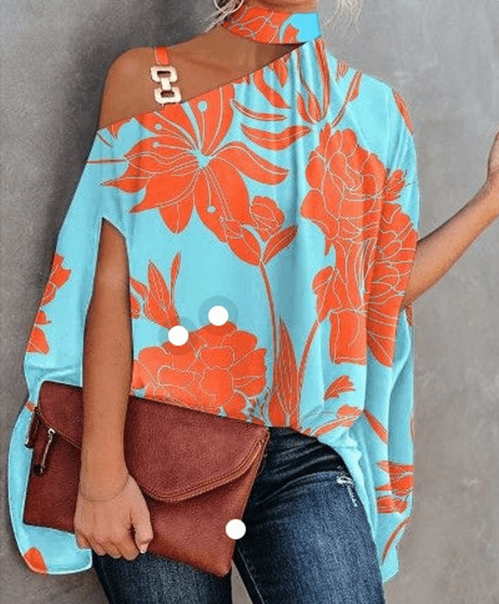 Women's Cold-Shoulder Roll-Neck Geometric Print Blouse