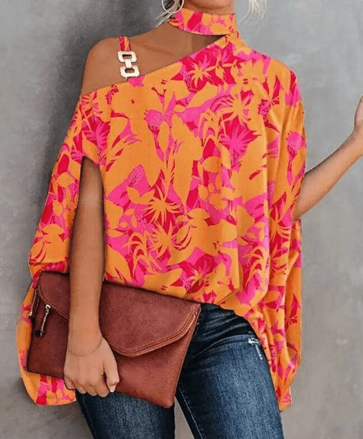 Women's Cold-Shoulder Roll-Neck Geometric Print Blouse