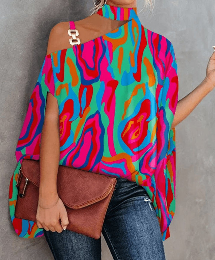 Women's Cold-Shoulder Roll-Neck Geometric Print Blouse