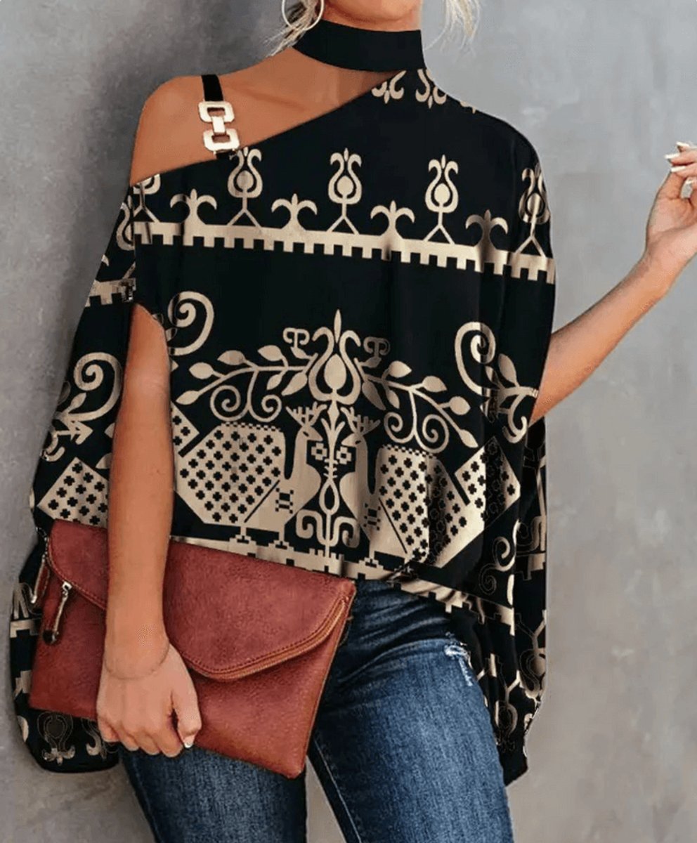 Women's Cold-Shoulder Roll-Neck Geometric Print Blouse