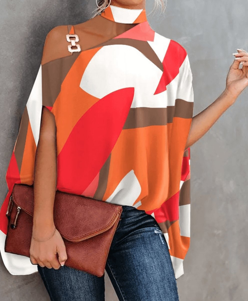 Women's Cold-Shoulder Roll-Neck Geometric Print Blouse