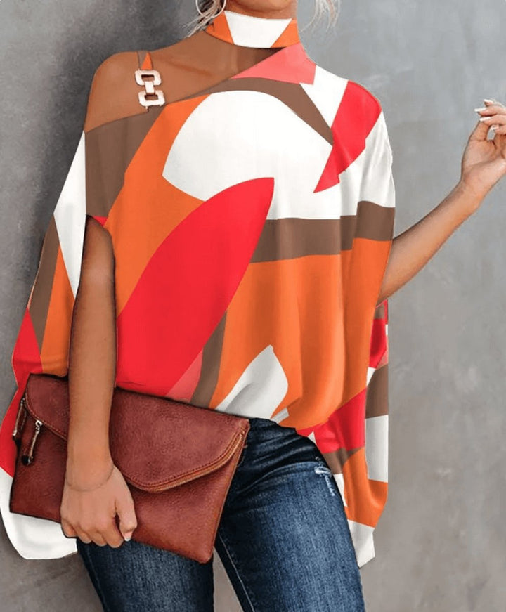 Women's Cold-Shoulder Roll-Neck Geometric Print Blouse