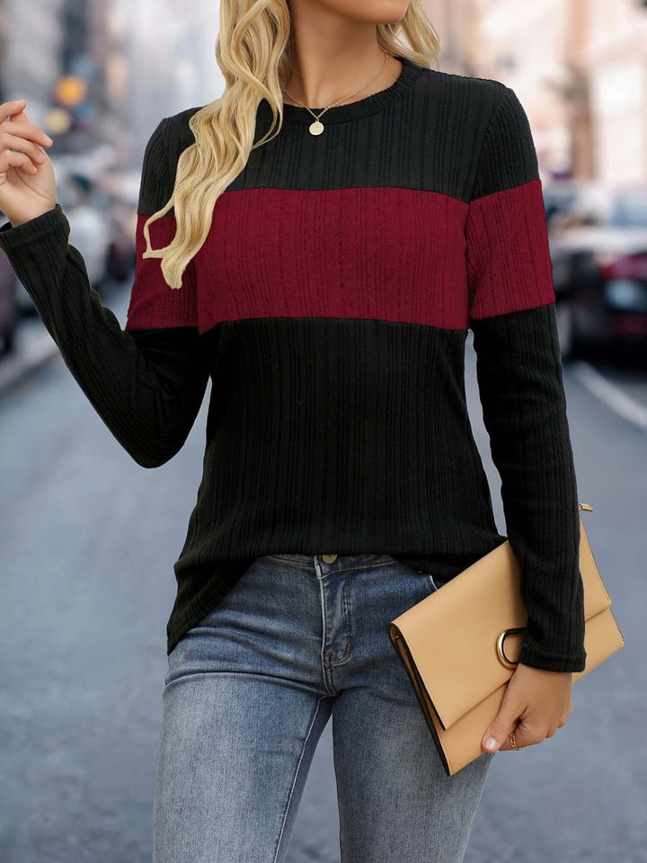 Women's Colour Block Ribbed Long-Sleeve Top Round Neck Jumper