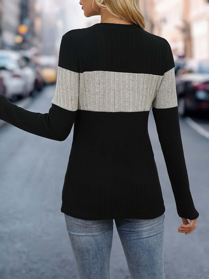 Women's Colour Block Ribbed Long-Sleeve Top Round Neck Jumper