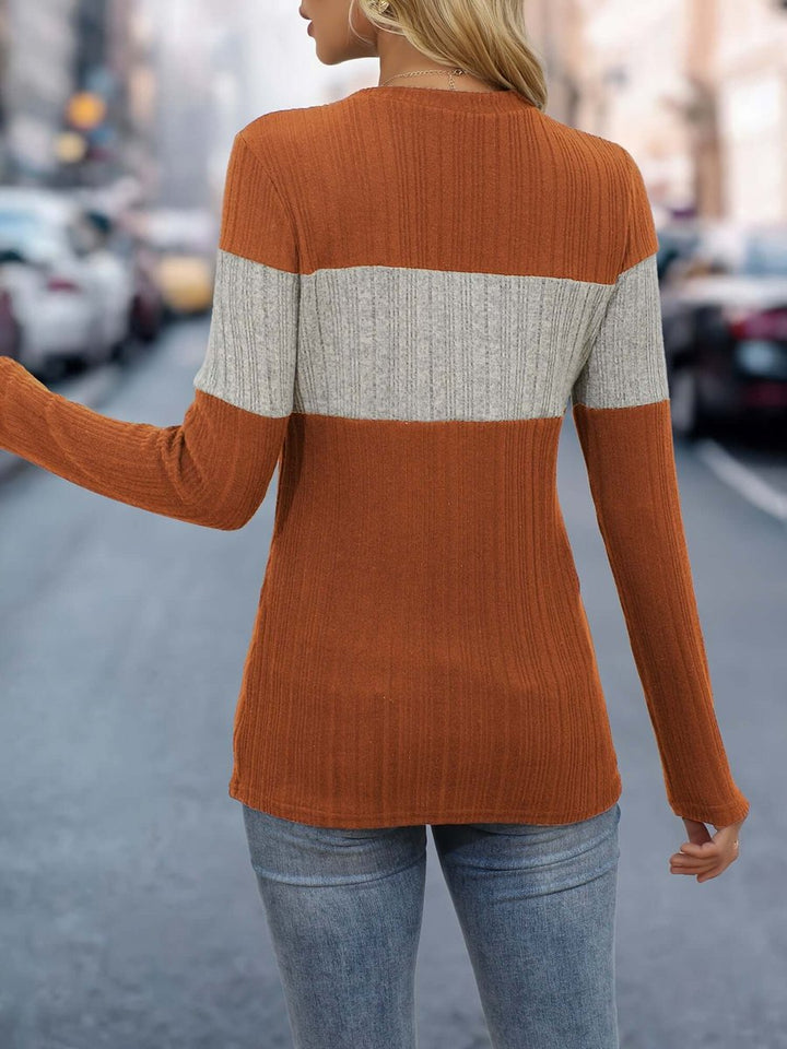 Women's Colour Block Ribbed Long-Sleeve Top Round Neck Jumper