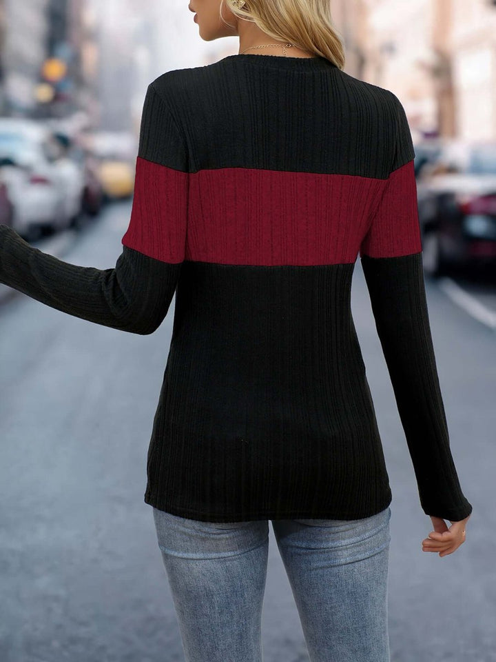 Women's Colour Block Ribbed Long-Sleeve Top Round Neck Jumper