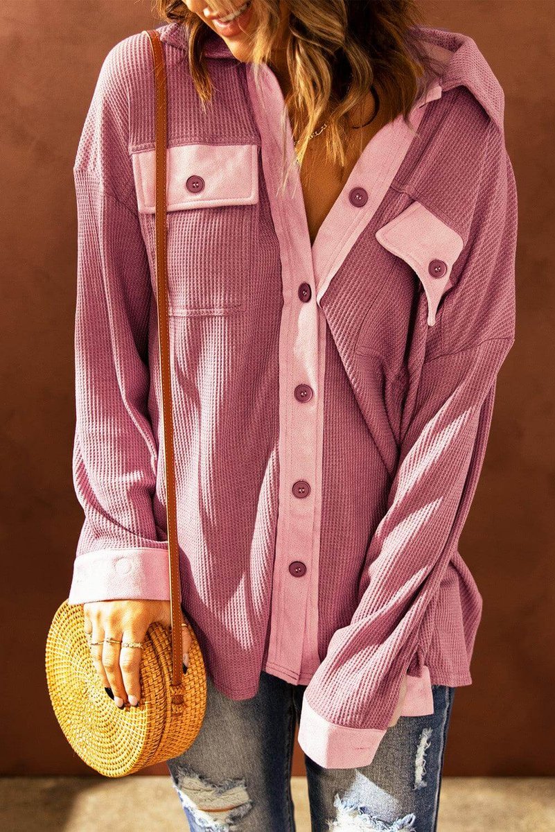 Women's Contrast Waffle Knit Long Sleeve Blouse Button-Up Top
