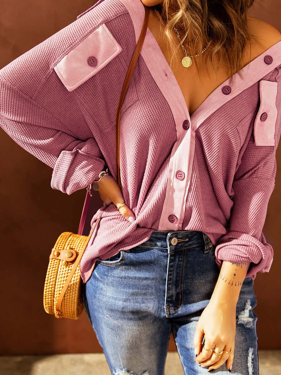 Women's Contrast Waffle Knit Long Sleeve Blouse Button-Up Top