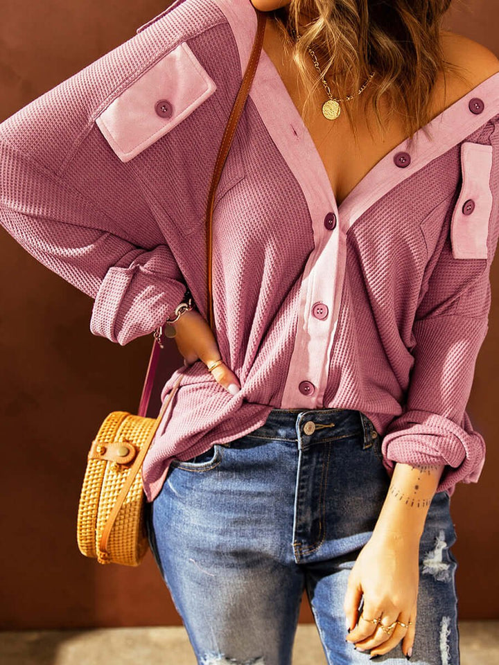 Women's Contrast Waffle Knit Long Sleeve Blouse Button-Up Top