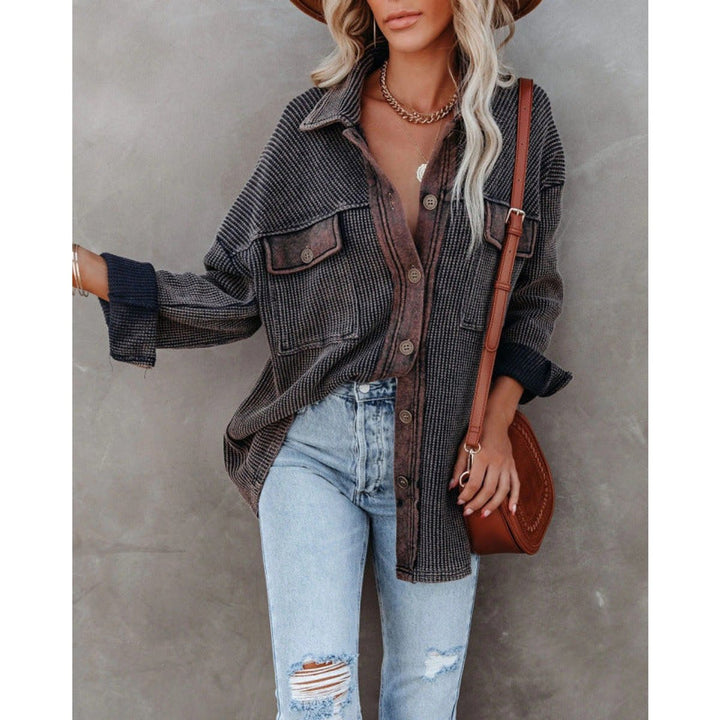 Women's Contrast Waffle Knit Long Sleeve Blouse Button-Up Top