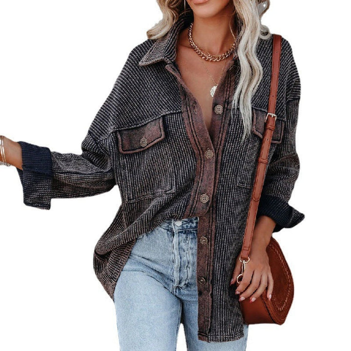 Women's Contrast Waffle Knit Long Sleeve Blouse Button-Up Top