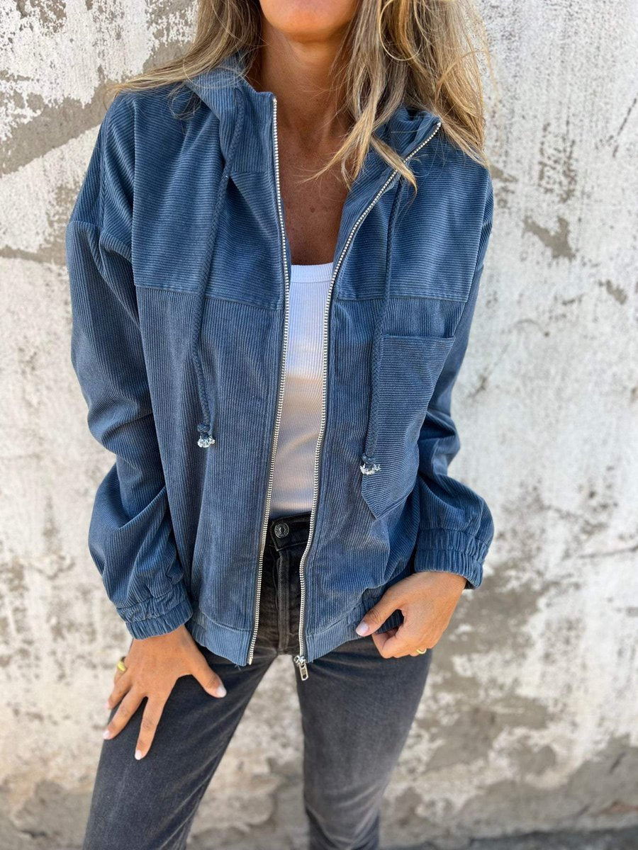 Women's Corduroy Hooded Zip-Up Coat Ladies Casual Jacket