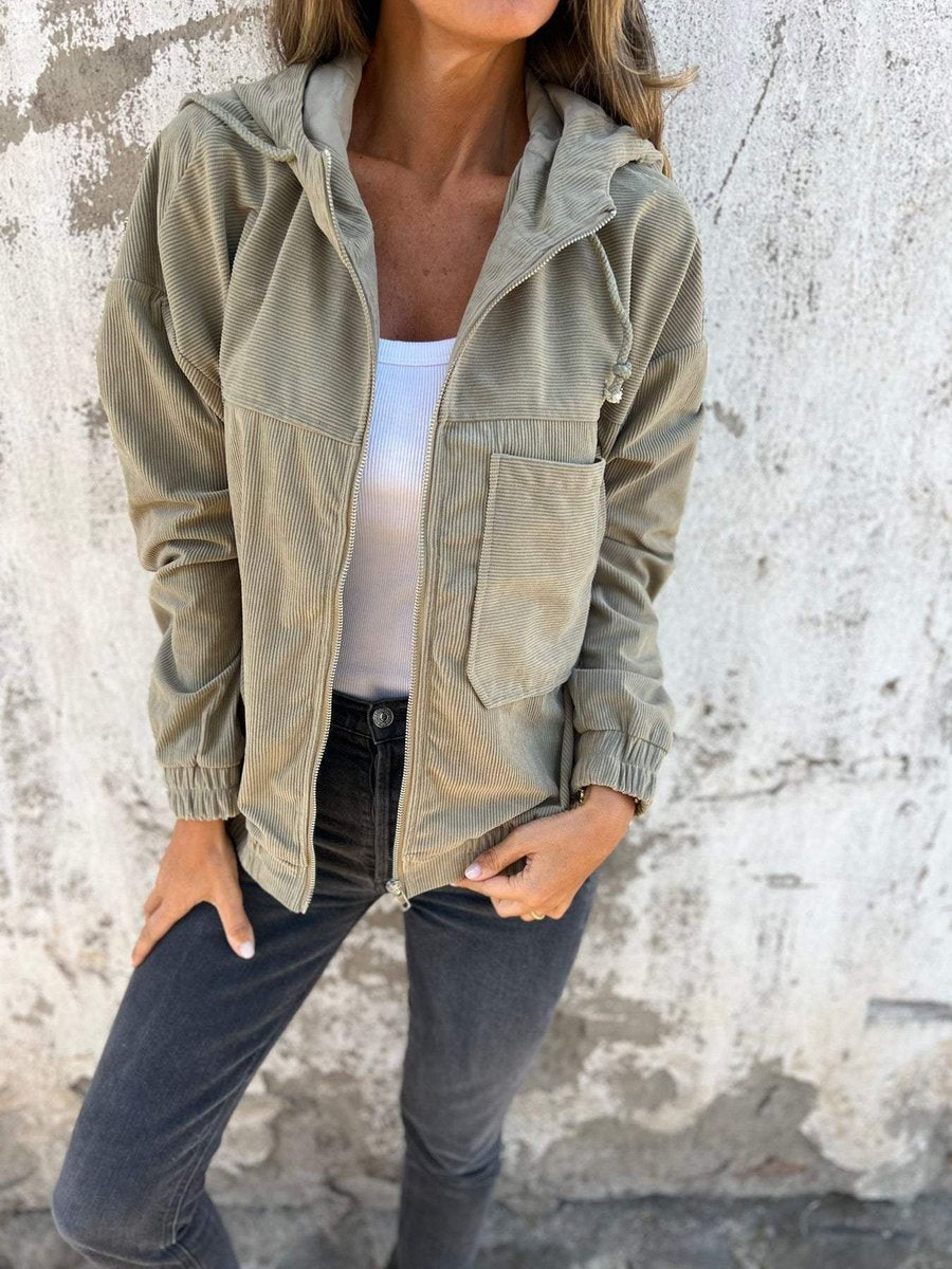 Women's Corduroy Hooded Zip-Up Coat Ladies Casual Jacket