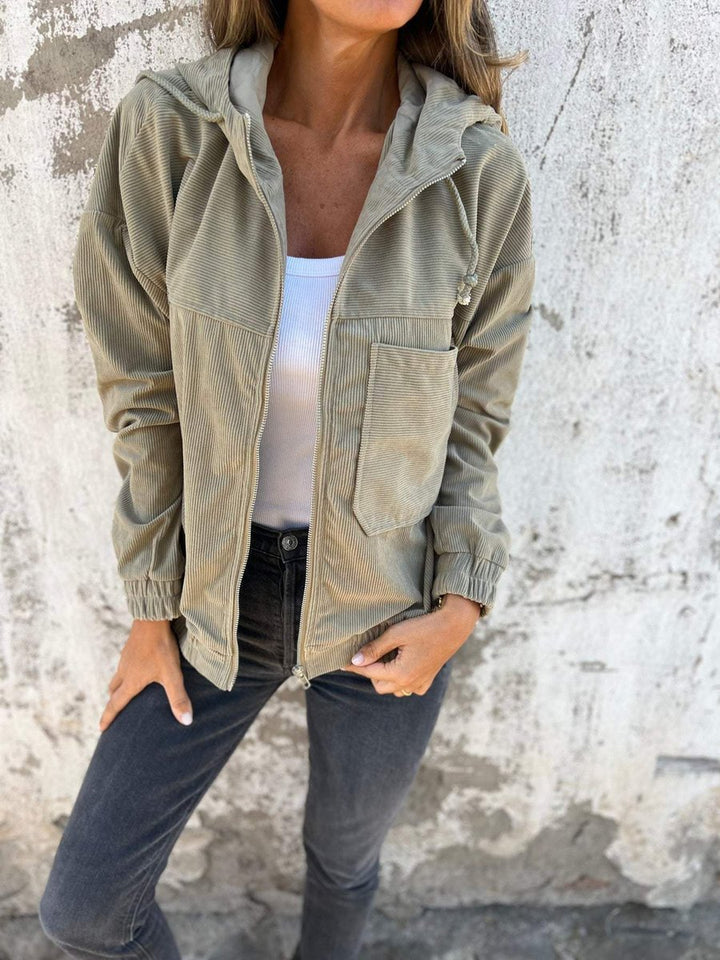 Women's Corduroy Hooded Zip-Up Coat Ladies Casual Jacket