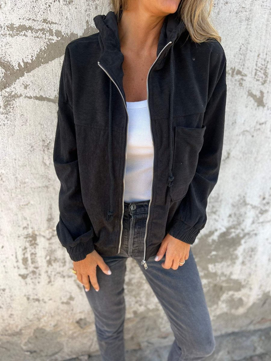 Women's Corduroy Hooded Zip-Up Coat Ladies Casual Jacket