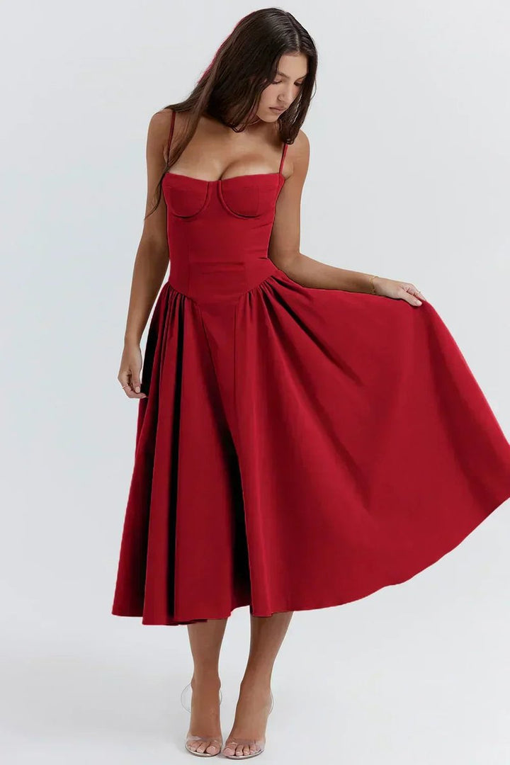 Women's Corset Midi Everyday Day Dress Structured Spaghetti Strap