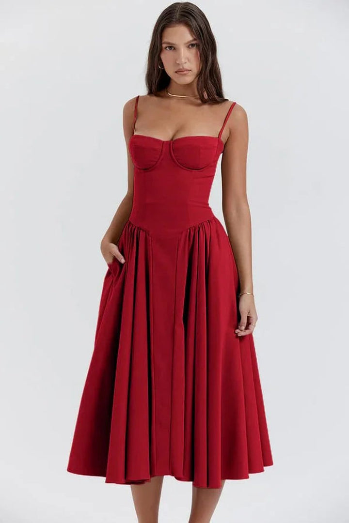 Women's Corset Midi Everyday Day Dress Structured Spaghetti Strap