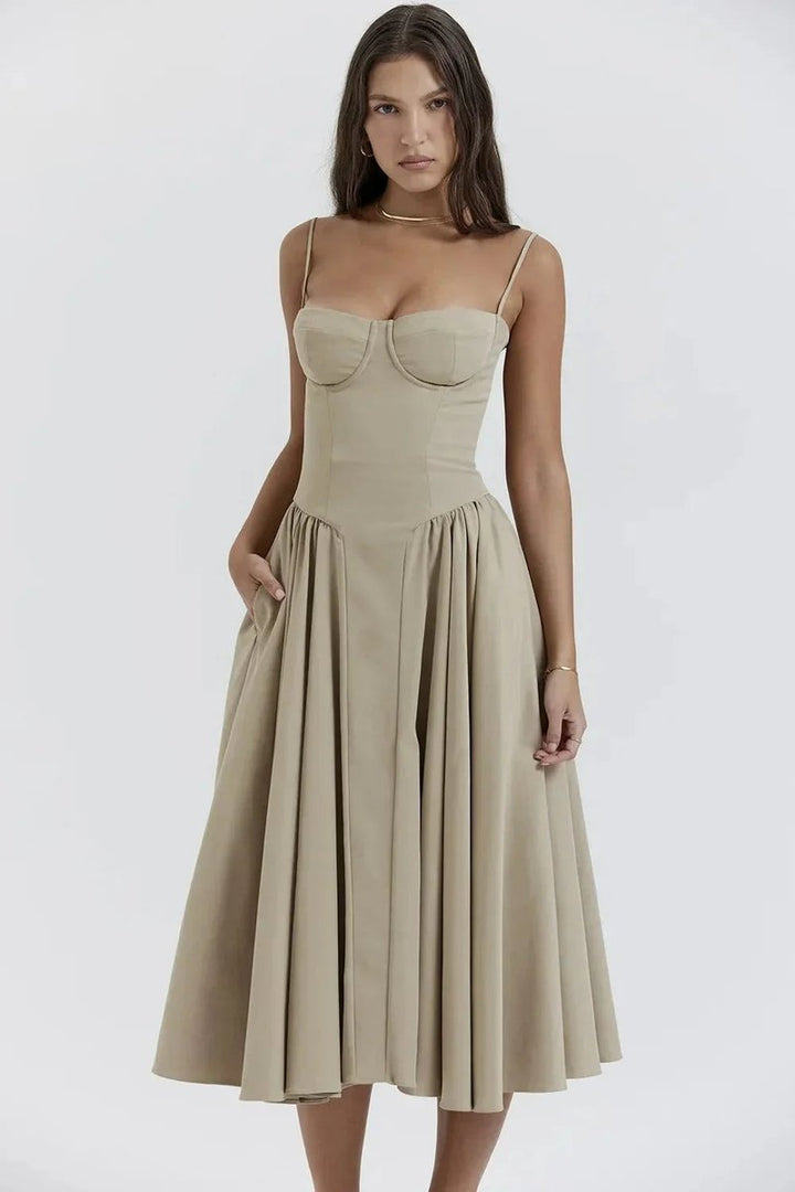 Women's Corset Midi Everyday Day Dress Structured Spaghetti Strap