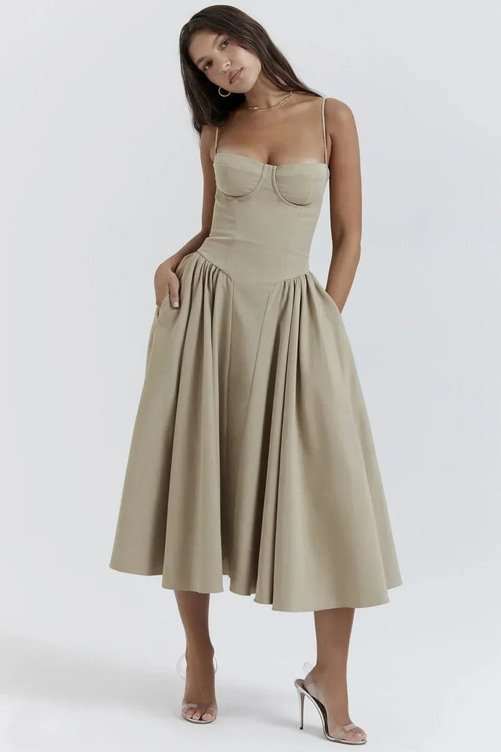 Women's Corset Midi Everyday Day Dress Structured Spaghetti Strap