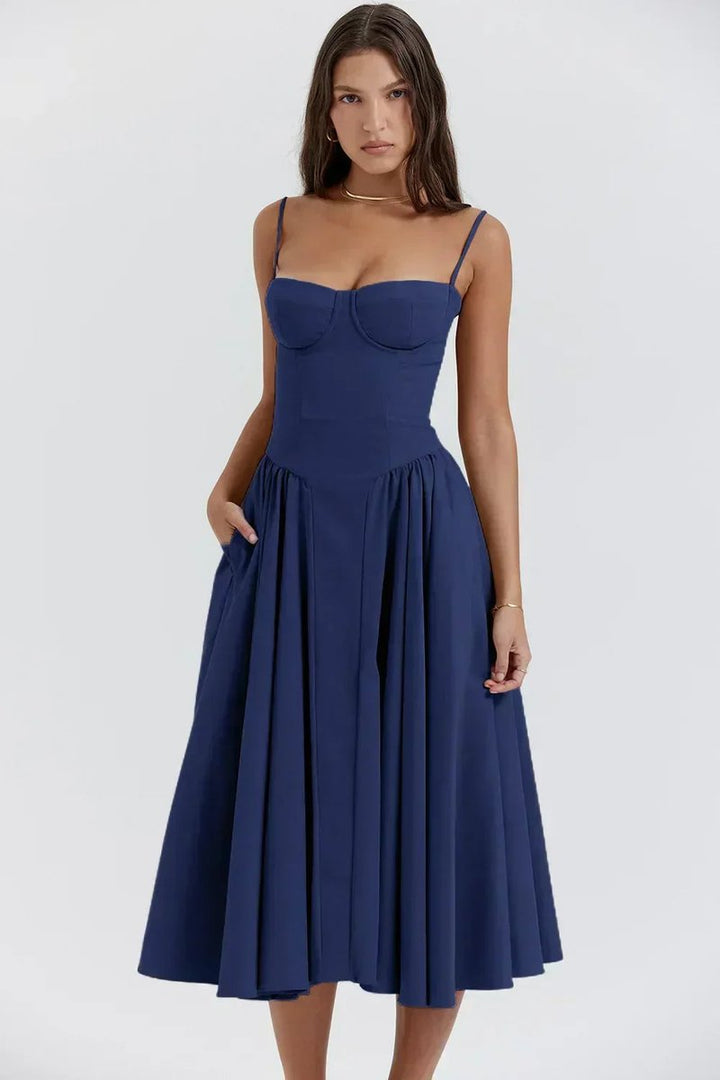 Women's Corset Midi Everyday Day Dress Structured Spaghetti Strap