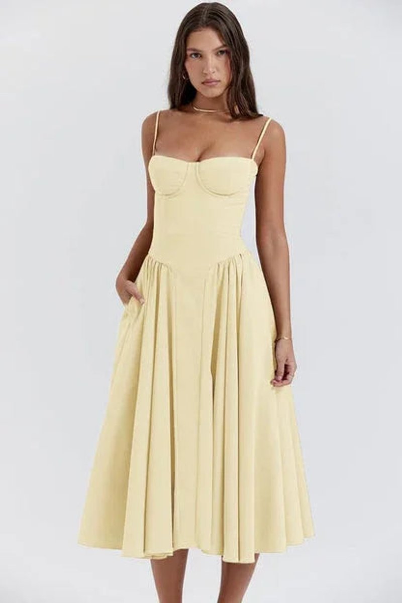 Women's Corset Midi Everyday Day Dress Structured Spaghetti Strap