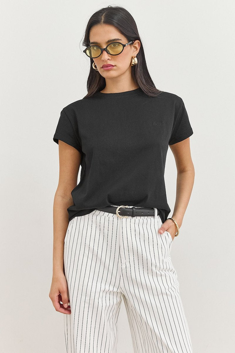 Women's Crew-Neck Short-Sleeve Straight-Cut Cotton Tops