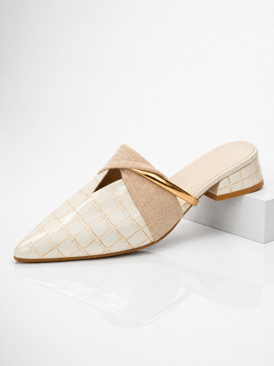 Women's Croc Effect Pointed Toe Block Heel Mule Slip-On