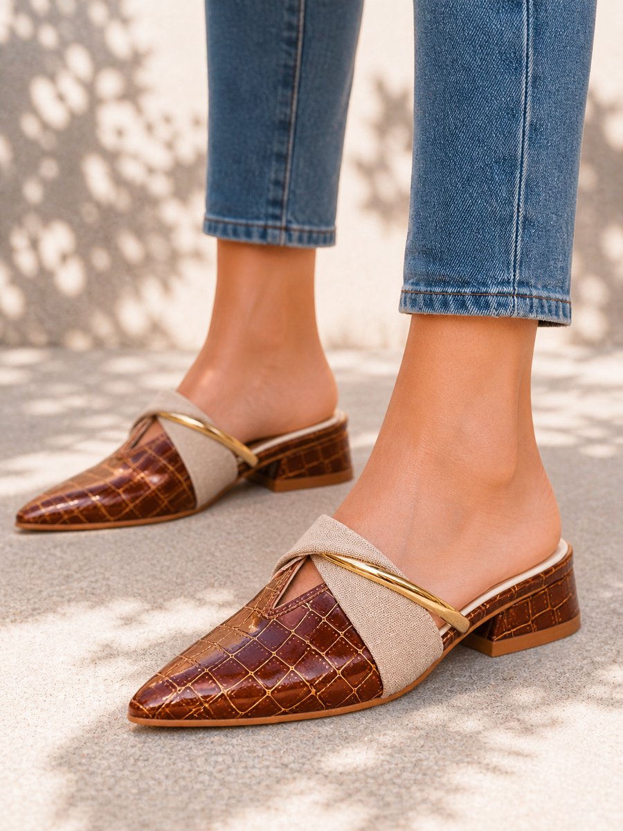 Women's Croc Effect Pointed Toe Low Block Heel Mule Slippers