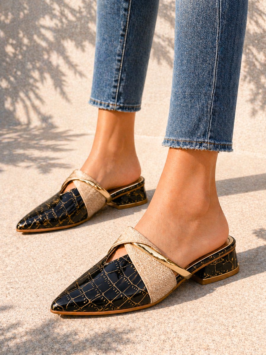 Women's Croc Effect Pointed Toe Low Block Heel Mule Slippers