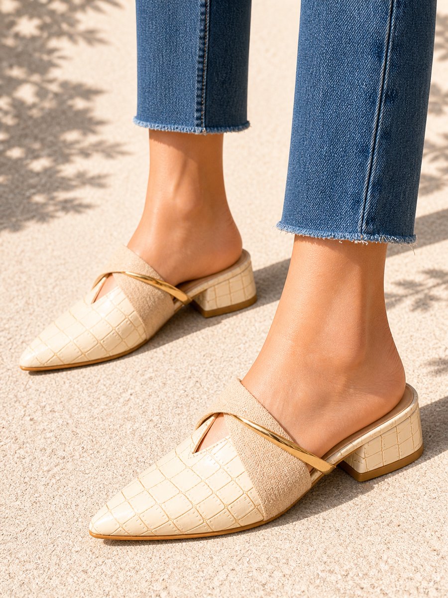 Women's Croc Effect Pointed Toe Low Block Heel Mule Slippers