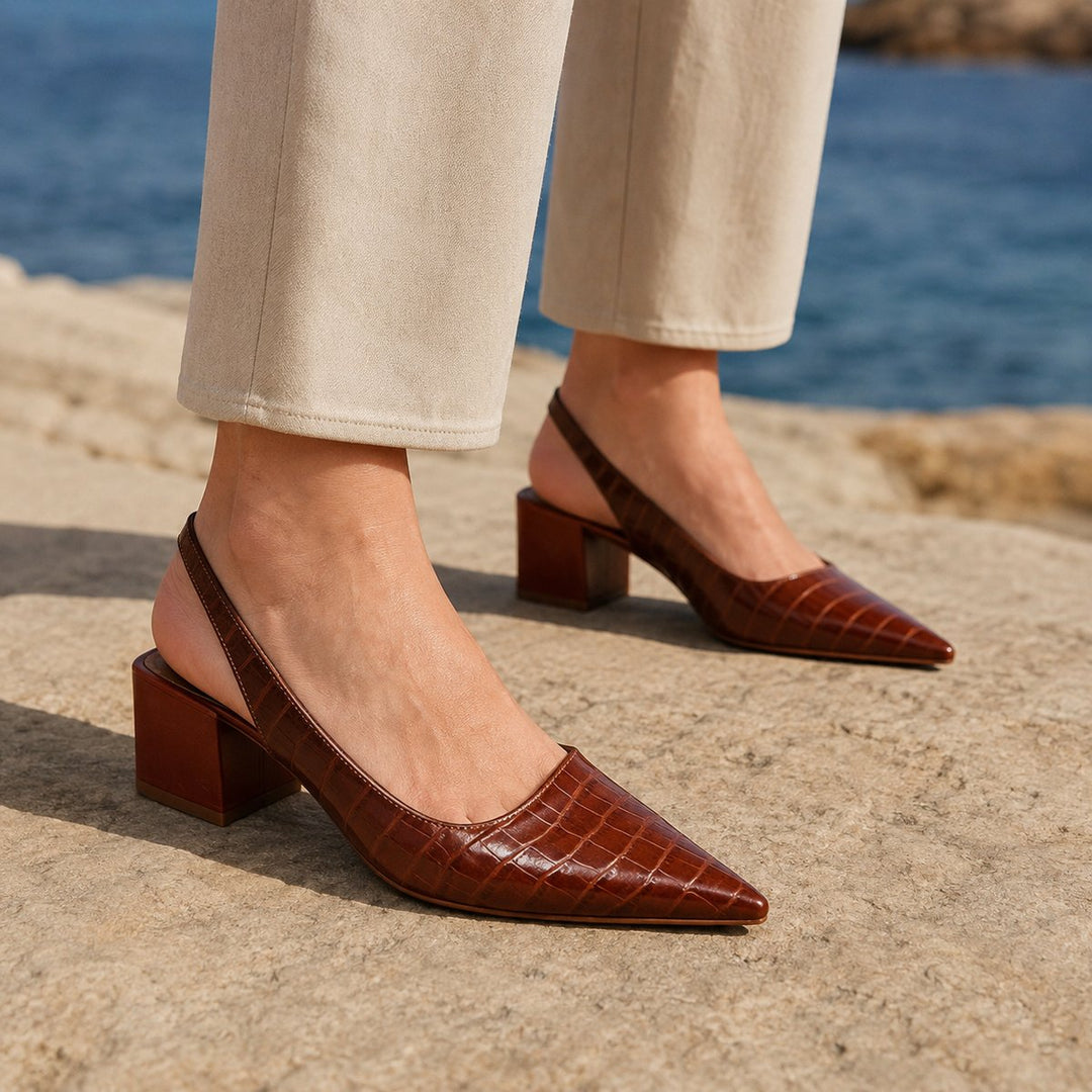 Women's Croc-Embossed Block-Heel Slingback Pointed-Toe Pumps