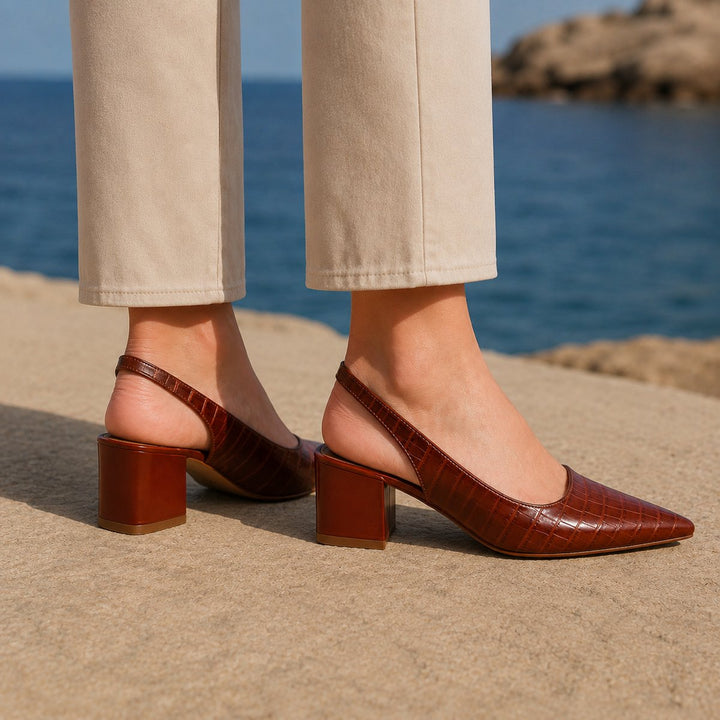 Women's Croc-Embossed Block-Heel Slingback Pointed-Toe Pumps