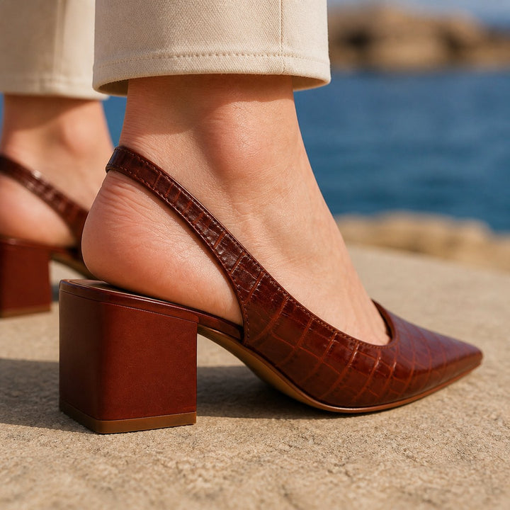 Women's Croc-Embossed Block-Heel Slingback Pointed-Toe Pumps