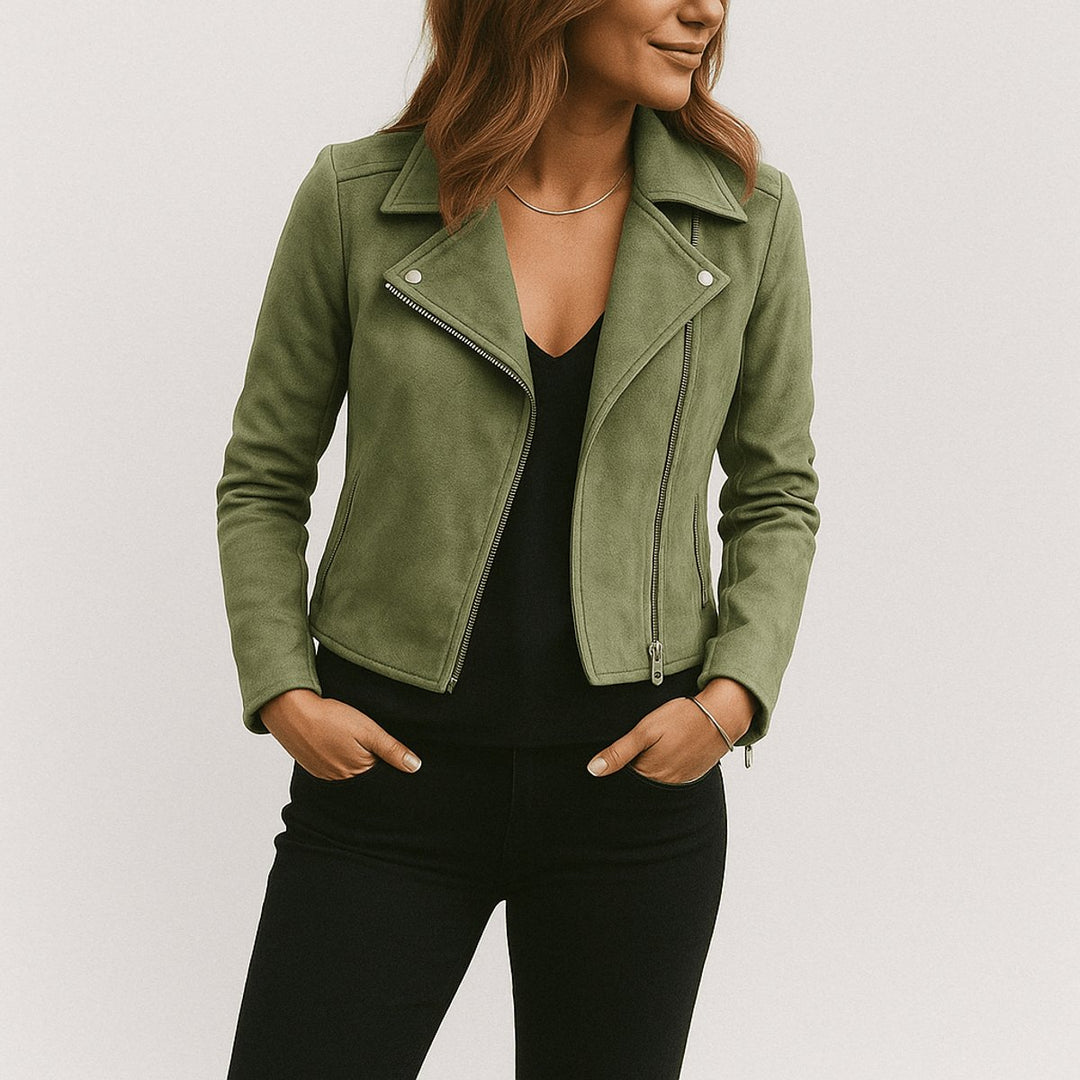 Women's Cropped Asymmetric-Zip Suede Moto Biker Coat Jacket