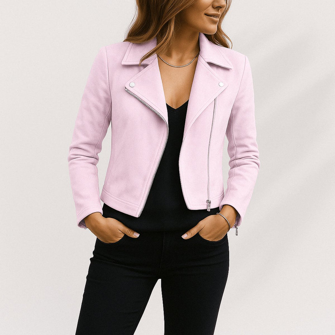 Women's Cropped Asymmetric-Zip Suede Moto Biker Coat Jacket