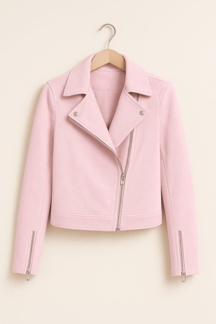 Women's Cropped Asymmetric-Zip Suede Moto Biker Coat Jacket