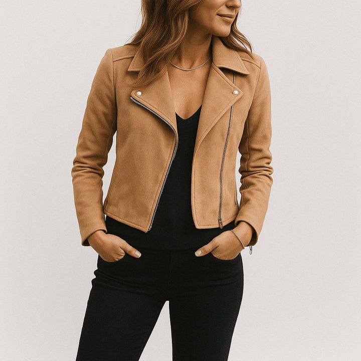 Women's Cropped Asymmetric-Zip Suede Moto Biker Coat Jacket
