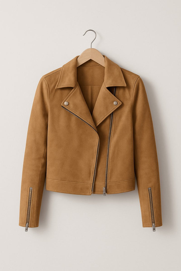 Women's Cropped Asymmetric-Zip Suede Moto Biker Coat Jacket