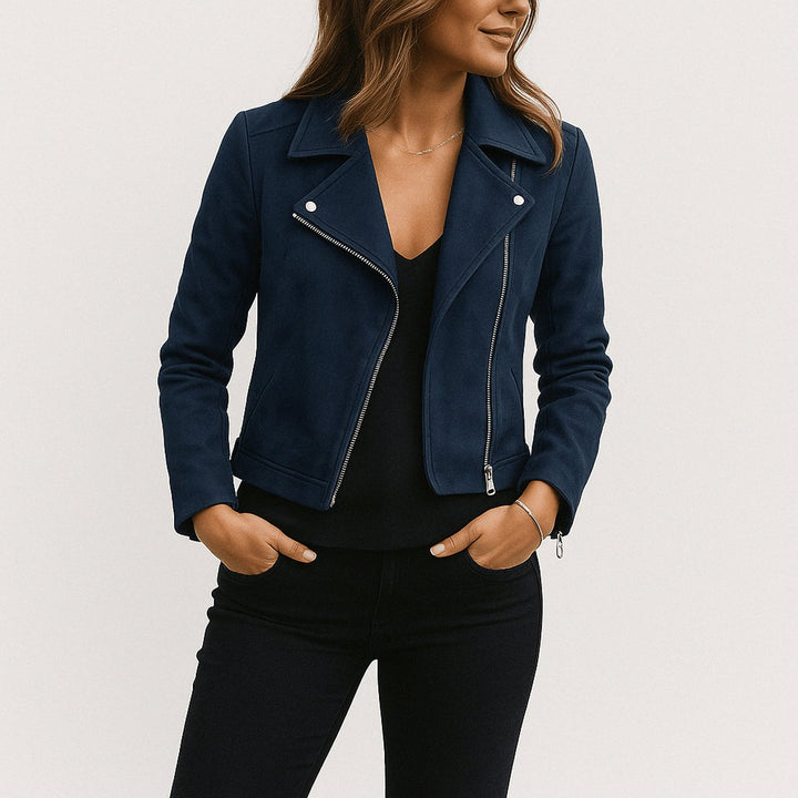 Women's Cropped Asymmetric-Zip Suede Moto Biker Coat Jacket