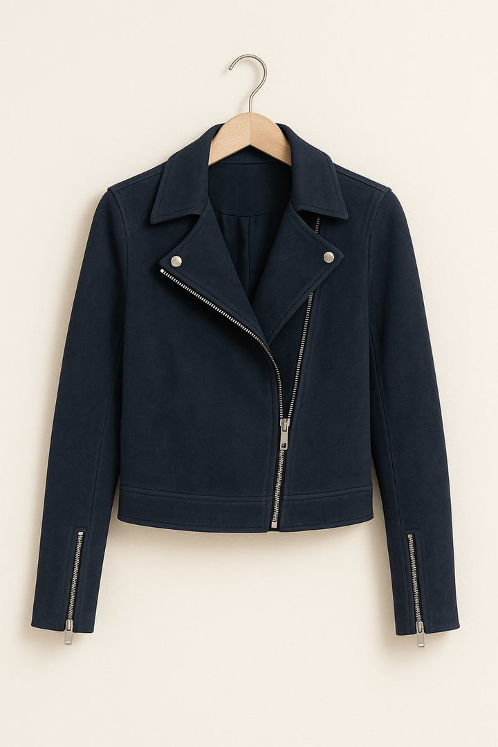 Women's Cropped Asymmetric-Zip Suede Moto Biker Coat Jacket