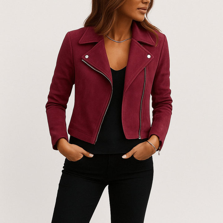 Women's Cropped Asymmetric-Zip Suede Moto Biker Coat Jacket