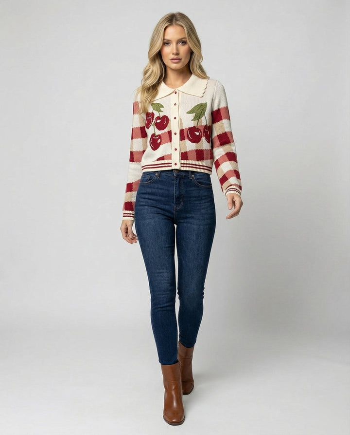 Women's Cropped Cherry Plaid Knit Button-Up Cardigan Coat