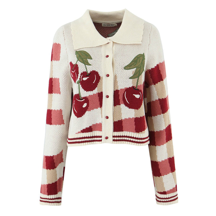 Women's Cropped Cherry Plaid Knit Button-Up Cardigan Coat