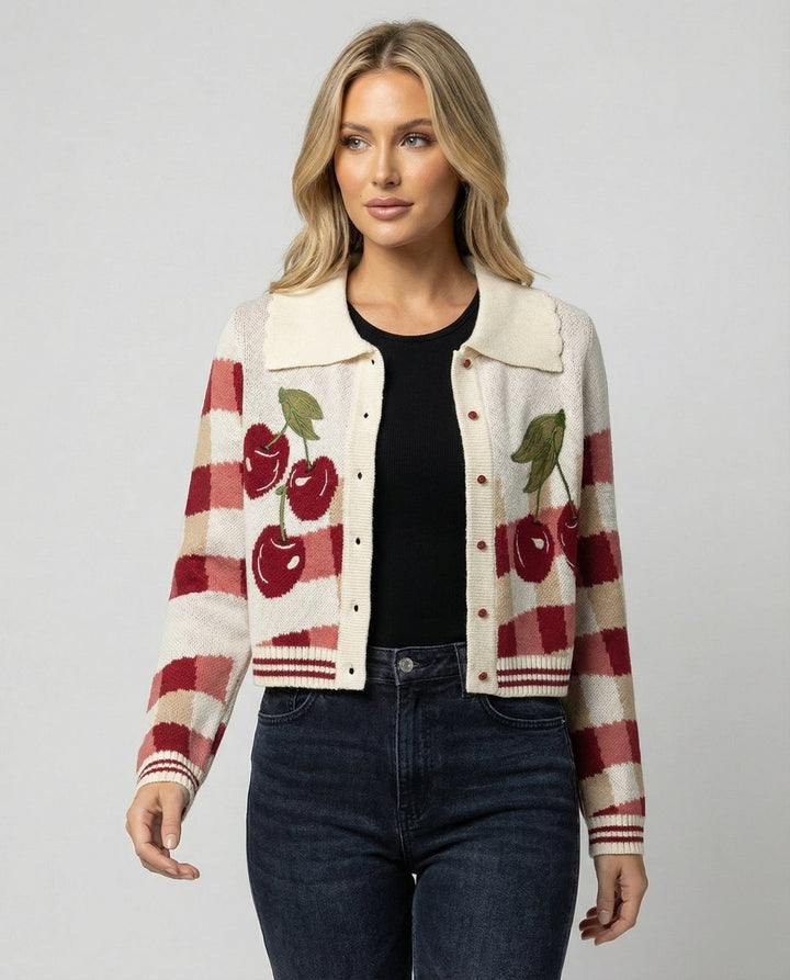 Women's Cropped Cherry Plaid Knit Button-Up Cardigan Coat